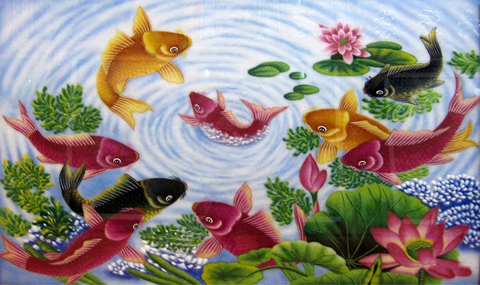 Tranh phong thủy đá quý cá chép hoa sen