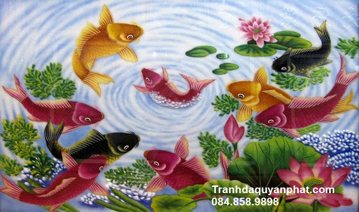 tranh quà tặng cá chép hoa sen làm từ đá quý