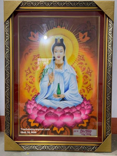 tranh đá quý Phật Bà Quan Âm ngồi trên đài sen
